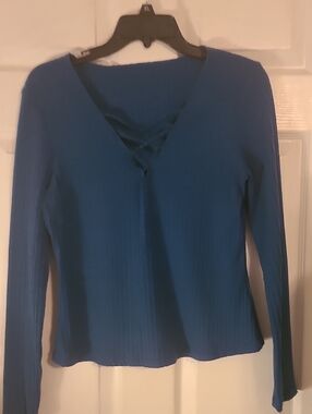 Blue Ribbed Long-Sleeve V-Neck Top with Lace-Up Detail